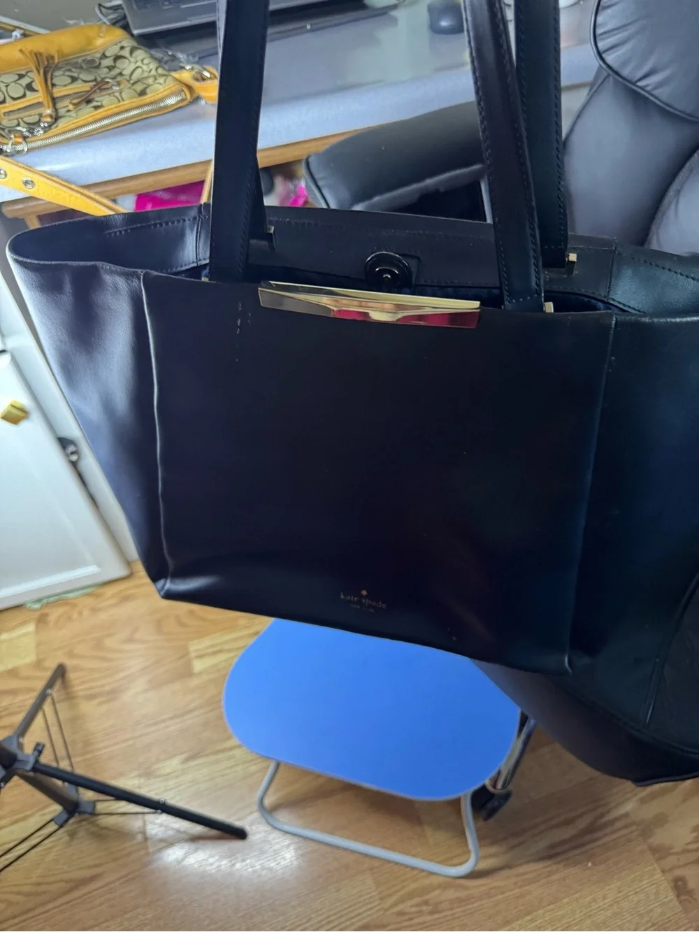 kate spade Black Leather Tote with Gold Accent